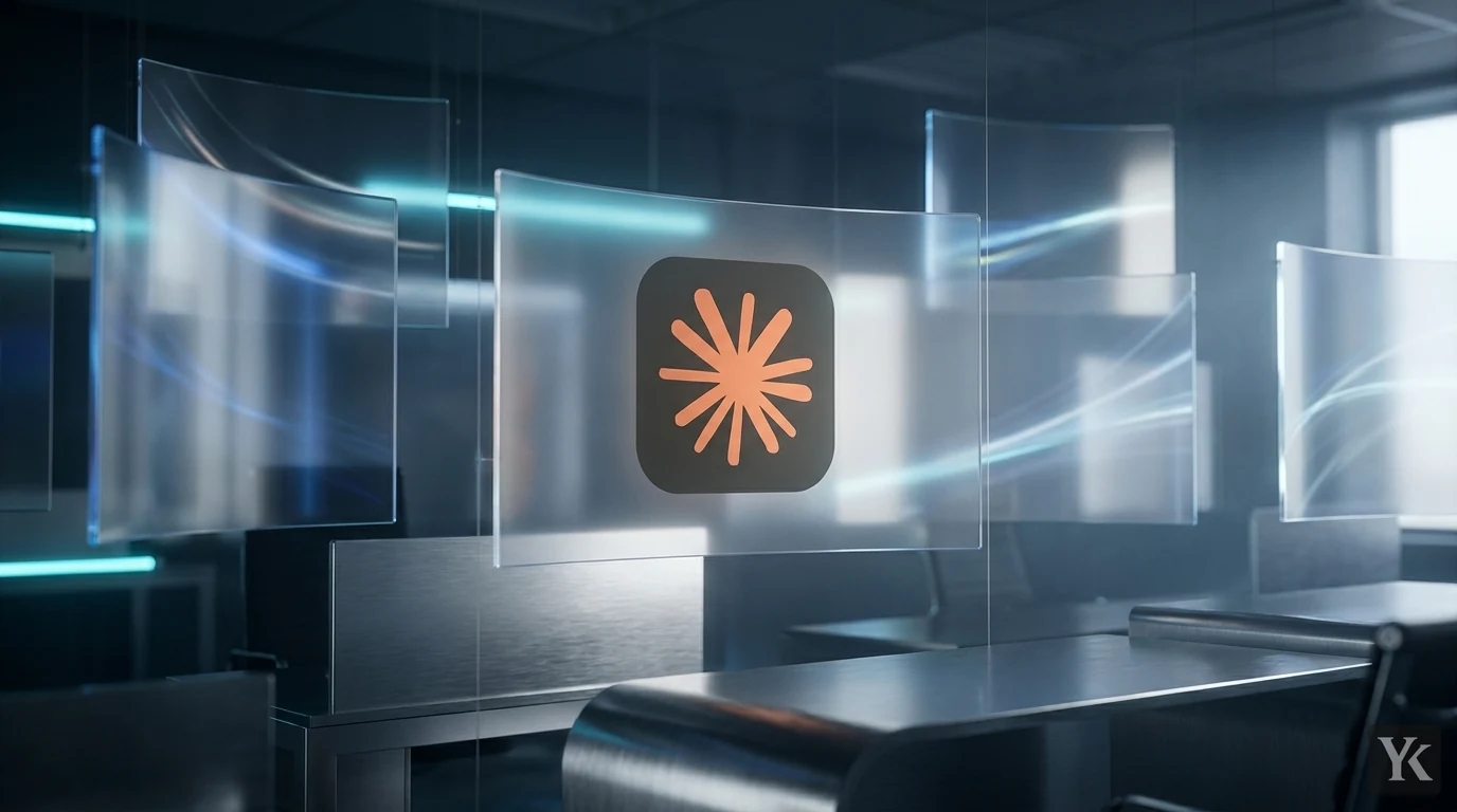 Logos of Claude displayed on a large computer monitor in a sleek, dark tech control room with holographic screens showing AI model data, technical, futuristic, authoritative, clear